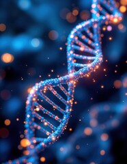 3D DNA Helix with Glowing Particles on Blue Background