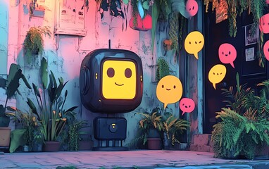 Poster - Graphic showing a friendly chatbot in a vibrant environment, with speech bubbles displaying positive messages and support, highlighting the benefits of generative AI