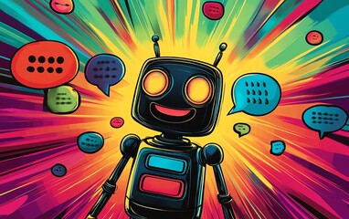 Aufkleber - Graphic showing a friendly chatbot in a vibrant environment, with speech bubbles displaying positive messages and support, highlighting the benefits of generative AI