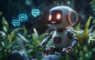 Aufkleber - Graphic showing a friendly chatbot in a vibrant environment, with speech bubbles displaying positive messages and support, highlighting the benefits of generative AI