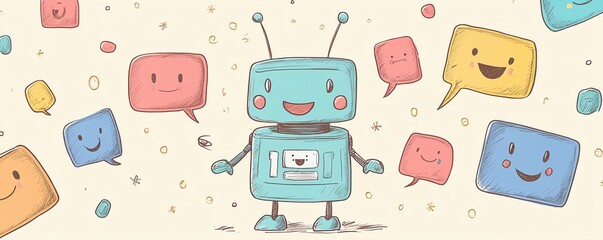 Leinwandbilder - Illustration of a chatbot character chatting with multiple users, each represented by colorful speech bubbles, symbolizing friendly engagement and assistance through AI