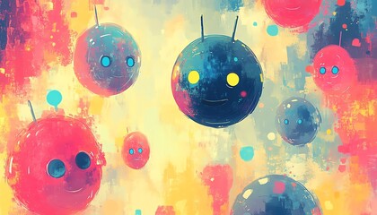 Leinwandbilder - Illustration of a chatbot character chatting with multiple users, each represented by colorful speech bubbles, symbolizing friendly engagement and assistance through AI