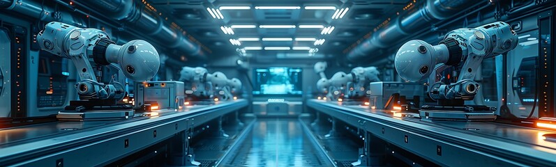 Poster - A high-tech laboratory featuring robotic arms and illuminated surfaces, depicting advanced automation and futuristic technology.