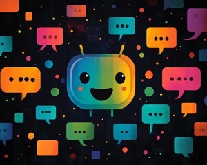Leinwandbilder - Illustration of a friendly chatbot character with a smiling face, surrounded by colorful speech bubbles, showcasing engaging conversations created with generative AI