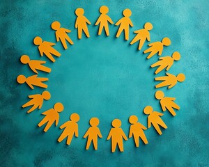 Poster - Illustration of a joyful group of paper people standing together in a circle, emphasizing community support and collaboration, with clear copyspace for messages