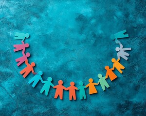 Poster - Illustration of colorful paper people standing together in a circle, holding hands, symbolizing community support, with ample copyspace for messaging