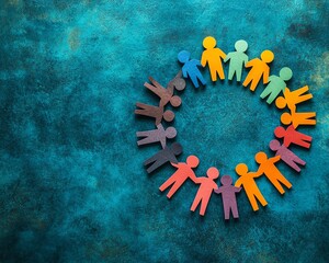 Poster - Illustration of colorful paper people standing together in a circle, holding hands, symbolizing community support, with ample copyspace for messaging