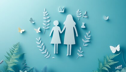 Visual of a loving paper family with two children, surrounded by legal symbols, set against a calming blue background, representing family law and insurance protection