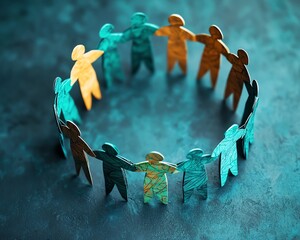 Poster - Visual representation of diverse paper figures forming a supportive circle, holding hands, conveying the essence of community and togetherness, with space for text