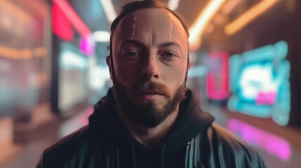 A man with a beard looks into the camera with a serious expression. He is standing in front of a blurred background of neon lights.