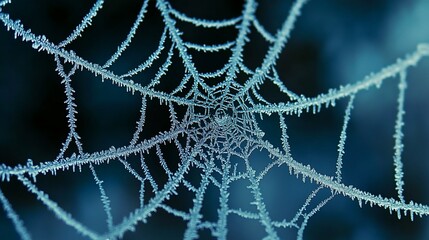 A spider web covered in frost, creating a delicate and intricate pattern.