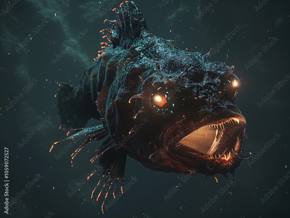 A deep-sea anglerfish with a bioluminescent lure, floating in the dark ...