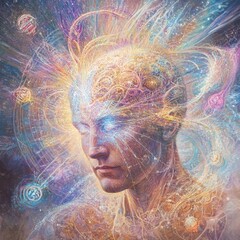 A cosmic energy flows through the head of a meditating man with a third eye open.