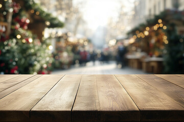 A wooden table with a view of a busy street with people and Christmas lights