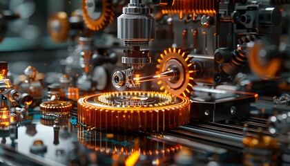 Poster - A close-up view of intricate mechanical parts featuring glowing gears and high-tech machinery elements designed for precision engineering.