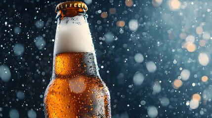Poster - Closeup of a chilled beer bottle with water droplets glistening under dramatic studio lighting creating a refreshing and captivating visual scene for a commercial or lifestyle product display