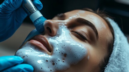  Facial cleansing with ultrasound scrubber. Woman receiving ultrasound facial peeling and cleansing. Cosmetology and face skin care. Facial treatment