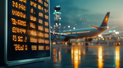 Aufkleber - Closeup of a departure board in an airport terminal displaying multiple flight delays and cancellations illuminated by the ambient lighting of the airport at night
