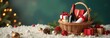 © VIK - champagne with christmas basket with bottle, gifts with red satin ribbon, candy canes, pine cones, golden garlands , new year celebration concept
