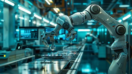 Aufkleber - A robotic arm operates in a modern industrial environment, showcasing advanced technology and automation in a high-tech factory setting.
