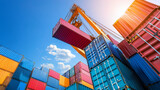 Massive automated crane lifting containers in a port, with a background of clear blue sky, symbolizing advanced technology in shipping operations