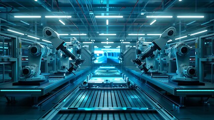 Poster - A futuristic industrial setting featuring robotic arms working in unison within a high-tech manufacturing environment.