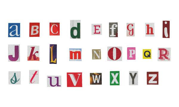 Set of cut-out English alphabet letters from magazines on a transparent background, retro y2k style