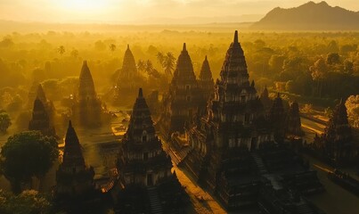 Wall Mural - Ancient temples bathed in golden sunrise light.