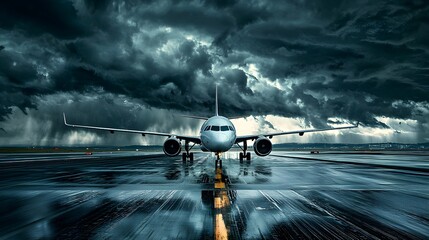 Aufkleber - Dramatic perspective of an empty airport runway with ominous dark clouds looming overhead symbolizing the unpredictability and uncertainty of travel during inclement weather conditions