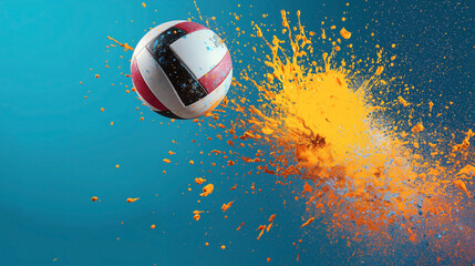 Wall Mural - A volleyball collides with vibrant orange paint splashes, set against a blue background, capturing dynamic motion and vibrant color contrast in a high-speed photograph.