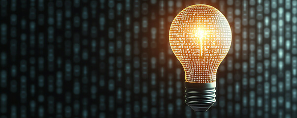 A glowing lightbulb made of digital interconnected lines, symbolizing a breakthrough idea in technology or innovation, with data nodes floating in a dark and sleek futuristic background