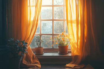 Wall Mural - A window with a view of the city and a plant in a pot