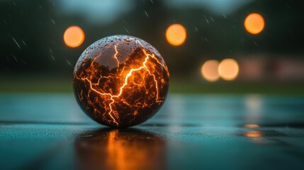 Poster - Glowing Sphere with Lightning Effects in Rain