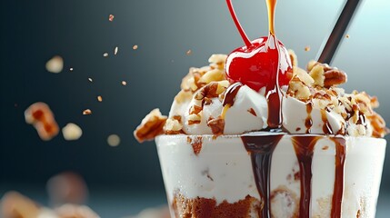 Macro close up shot of a decadent ice cream sundae drizzled with rich gooey chocolate syrup topped with crunchy nuts and a vibrant red cherry creating a tempting and indulgent dessert treat