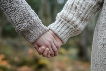 Two people holding hands in a forest. Scene is warm and intimate. The idea is that the two people are close to each other and enjoying each other's company in a peaceful natural setting