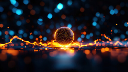 Sticker - A glowing orange ball is floating in a dark blue ocean. The ball is surrounded by a lot of bright, colorful lights that make it look like it's glowing. The scene is very dynamic and energetic