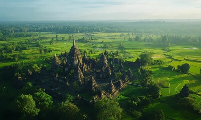 Wall Mural - Ancient temple complex nestled in lush green rice paddies.