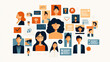 © Alfazet Chronicles - Abstract illustration depicting diverse people and digital profiles in a network concept, featuring various avatars and icons representing online identity and social connections.