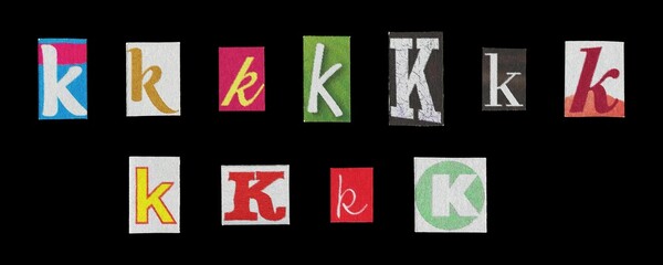 Set of cut-out letter “K” from magazines on a black background, retro y2k style symbols for collage