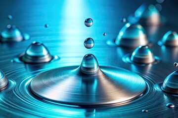 Water droplets of cyan liquid dripping from a metallic surface, pure water, fluid