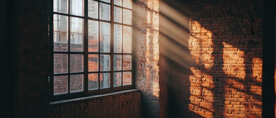 Wall Mural - A window in a brick building is letting in sunlight, creating a warm