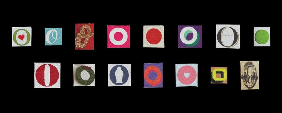 Set of cut-out letter “O” from magazines on a black background, retro y2k style symbols for collage