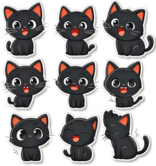 Cute black cat stickers, simple lines with flat illustrations, white background