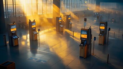 Aufkleber - Overhead view of empty check in counters at an airport terminal with  Flight Canceled  messages displayed on the screens bathed in soft morning light creating an atmospheric and abandoned scene
