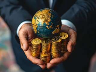 Businessman Holding Globe and Gold Coins Symbolizing Global Investing and Wealth Accumulation