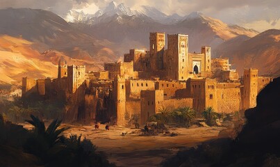 Wall Mural - Desert fortress with palm trees.