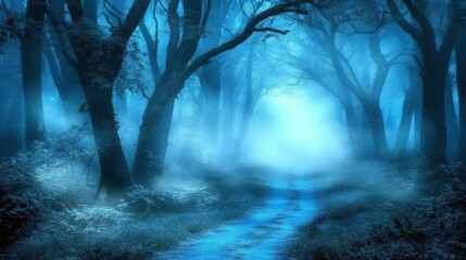 Poster - Mysterious Blue Forest Path at Night