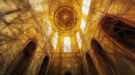 Poster - Gradient golden-yellow background featuring thin, intersecting lines and abstract triangles, with a central space left clear for text