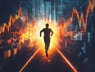 Wall Mural - Businessman Sprinting Towards Financial Victory with Data Driven Path