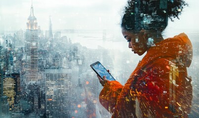 Wall Mural - Woman looking at phone with city skyline overlay.